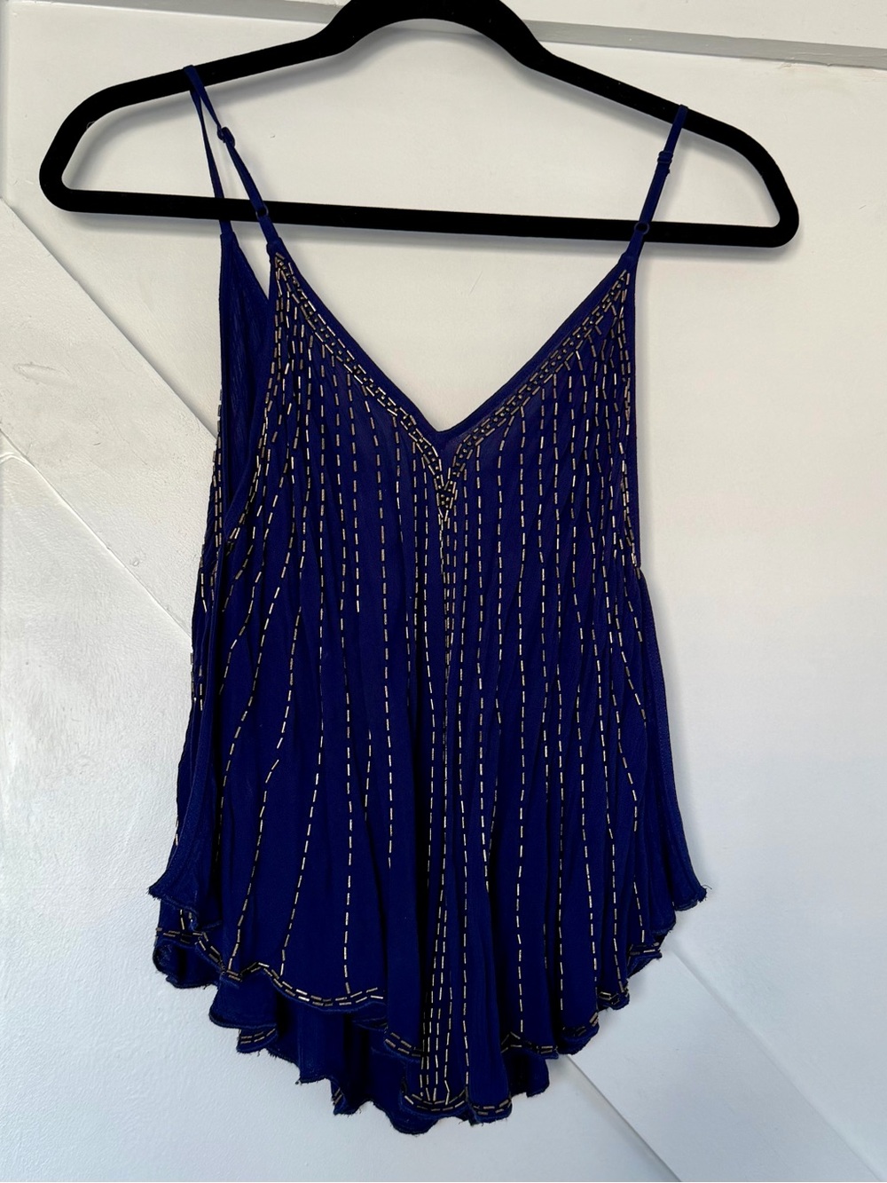 Free People Navy Blue Beaded V-Neck Spaghetti Strap Camisole